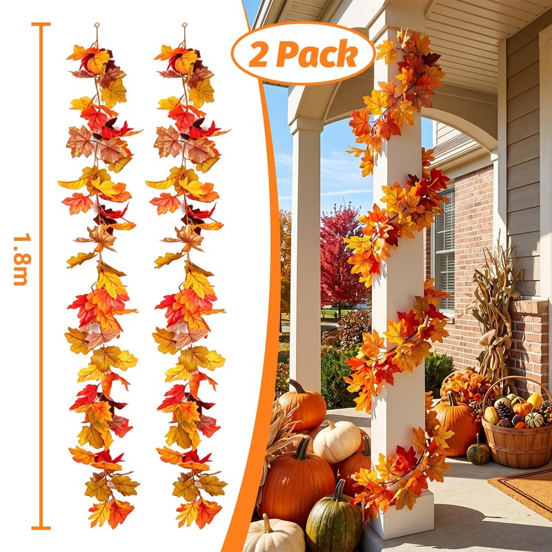 2 Pack 5.9Ft Artificial Autumn Maple Leaf Garland, Fall Leaves