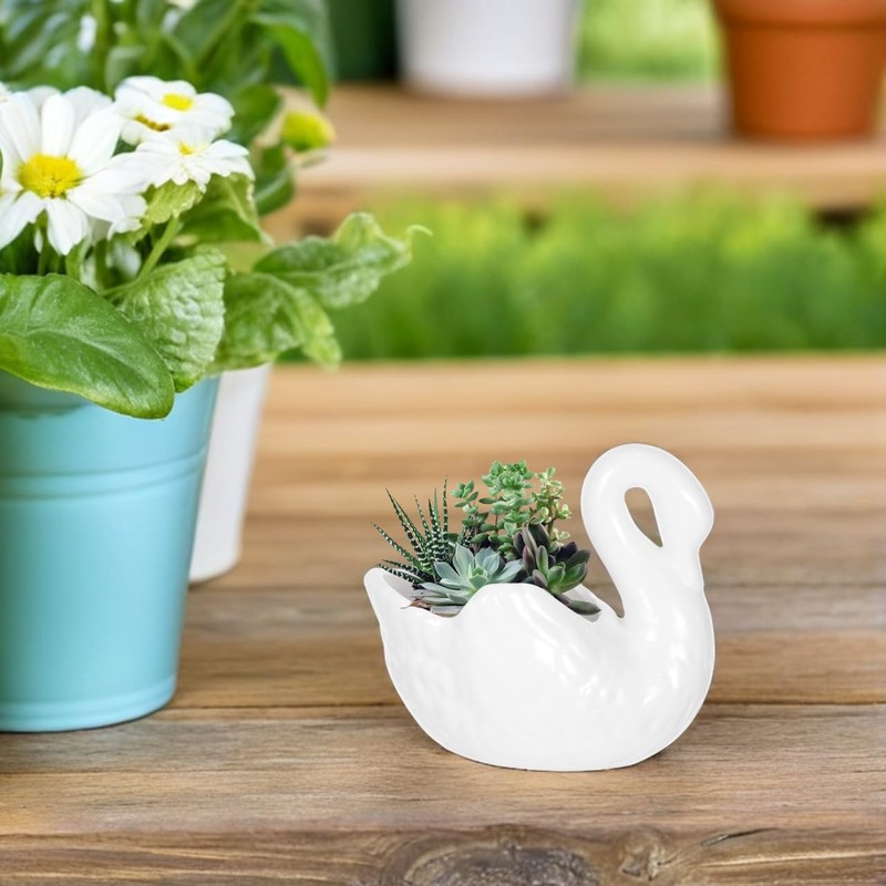 Yardwe Lovely Swan Ceramic Flowerpot with Drain Hole, White Porcelain
