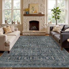 Collive Washable Area Rug 8x10, Vintage Distressed Rugs for Living Room Rugs 8x10 Non Slip Modern Bedroom Carpet Stain Resistant Aesthetic Print Accent Floor Mat for Dining Office - Blue/Grey