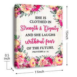OTINGQD She is Clothed Proverbs 31:25 Canvas Wall Art,Bible Verse Scripture Canvas Painting Prints for Christian Home Bedroom Office Church Religious Wall Decor