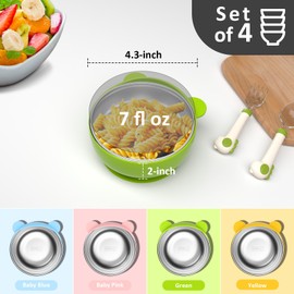 Bakpoco Stainless Steel Baby Bowls with Suction, 2-in-1 SUS304 Toddlers Bowl & Removable Silicone Suction Kids Bowl, Anti Scald Non Toxic Snack Container for Baby Food Feeding, 4 Colors Set