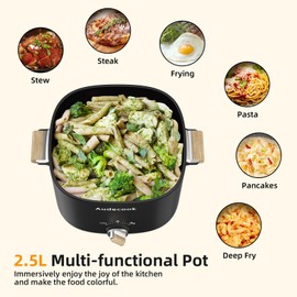 Audecook Hot Pot Electric, 2.5L Portable Nonstick Multicooker for 1-3 Persons, Honeycomb Texture Travel Electric Skillet with Dual Power Temperature Control for Steak/Egg/Noodles/Oatmeal (Black)