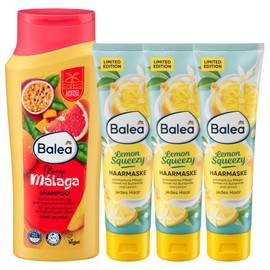Balea Set of 4 Hair Care: Mango Malaga Shampoo Nourishes Hair Gentle & Smooth with Tropical Fruit Scent, 300 ml + Hair Mask Lemon Squeezy Intensive Summer Care 3 x 100 ml (600 ml)