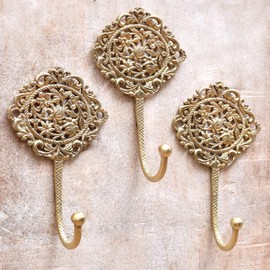 Indian Shelf Brass Hooks for Keys to Hang Boho Wall Hooks Decorative Hooks Shabby Chic French Vintage Hooks Antique Coat Hooks Vintage Key Hooks Gold Wall Hooks 3 Pieces