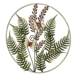 Fern Leaf Nature Metal Wall Sculpture | Handpainted Green, Brown, Ivory, and Gold Earth Tones | Dimensional Textured Botanical Fern Frond Round Wall Art | Textured Metallic Butterfly Circle Wall Decor