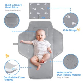 PHOEBUS BABY Portable Changing Pad Travel - Reusable Diaper Changing Mat with Built-in Pillow - Lightweight & Foldable Changing Station(Cute Elephant)