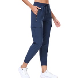 Oalka Women's Cargo Hiking Pants Lightweight Travel Pockets Joggers Quick Dry Navy Blue XL
