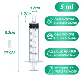 5ml Syringe for Liquid, Oral, Scientific Labs, Measurement, Dispensing, with Cap- 10 Pack 5ml Syringes