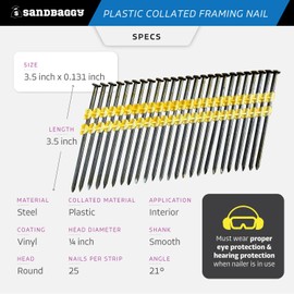 Sandbaggy 21 Degree Framing Nails (3-1/2 inch x 0.131 inch) - Plastic Strip Collated Nails - 1/4" Round Head, Smooth Shank, Vinyl Coated (4000)