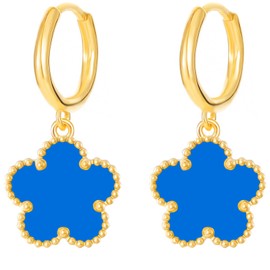 Gold Plated Stainless Steel Four Leaf Clover Dangle Earrings for Women (Blue-Gold Plated)