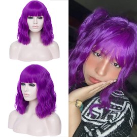 DWMGLP - Peluca corta de fibra rizada de color morado oscuro de 35,5 cm para mujeres y niñas, resistente al calor, para Halloween, cosplay, fiesta diaria, gorro (morado oscuro)