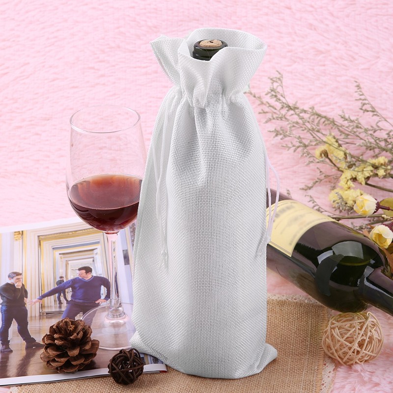 12pcs Simple Linen Fabric Wine Bag with Drawstring Champagne Decorative