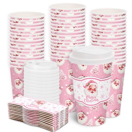 JarThenaAMCS 50Pcs 16Oz Pink Christmas Disposable Coffee Cups with Lids and Sleeves Cute Santa Xmas Tree Paper Drinking Cups for Winter Birthday Party Supplies