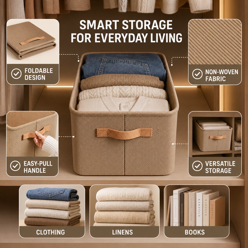 Foldable Fabric Clothes Storage Box with Handle, Gray Wardrobe Organizer