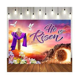 LTLYH 10x8ft Spring Easter Backdrop He is Risen Backdrop Easter Photography Backdrop Resurrection Banner Background for Home Easter Party Decorations Supplies 261