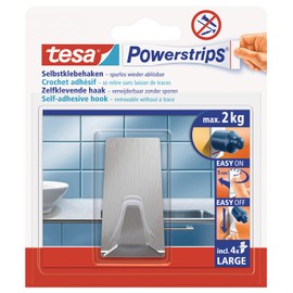 tesa Powerstrips Haken LARGE aus Metall - selbstklebender Badhaken, verstellbar, eckige Form - im Haushalt vielseitig einsetzbarer Metallhaken - belastbar bis 2 kg