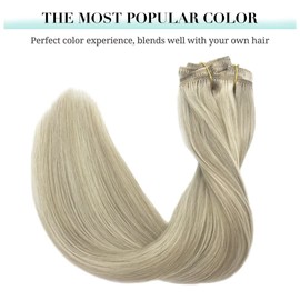 DOORES Clip-In Real Hair Extensions, Ash Blonde Highlights Platinum Blonde, 30 cm, 7 Pieces, 80 g, Remy Clip-In Hair Extensions, Straight, Natural Real Hair Extensions