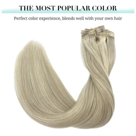 DOORES Clip-In Real Hair Extensions, Ash Blonde Highlights Platinum Blonde, 30 cm, 7 Pieces, 80 g, Remy Clip-In Hair Extensions, Straight, Natural Real Hair Extensions
