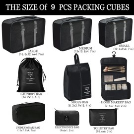 Packing Cubes Set of 9 - Multifunctional Suitcase Organiser for Compression Packing Cubes, Packing Cubes, Cosmetic Bag, Shoe Bag, Travel Gadgets (Black, 9 Pieces)