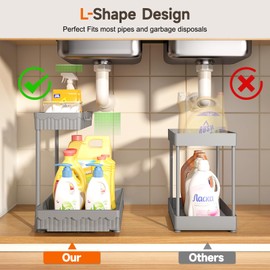 Sevenblue 3 Pack Multi-Purpose Under Sink Organizers and Storage, 2025 L-Shaped Pull Out Cabinet Organizer for Bathroom & Kitchen, Under Cabinet Organizer with Hooks Hanging Cup, Grey