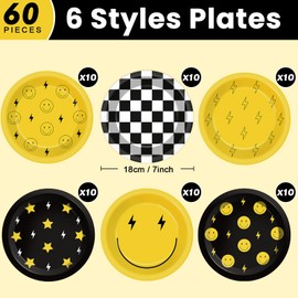 Yiaoyinnz 60Pcs Smile Face Birthday Party Decorations 7inch Yellow Smile Face Paper Dessert Plates Tableware Lightning Star Checkered Dinnerware Party Supplies for Baby Shower Birthday Wedding Favors