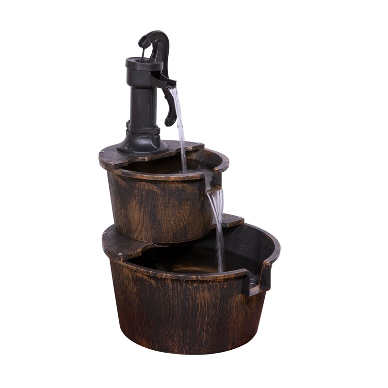 Alpine Corporation TIZ194BZ | Rustic Outdoor 2-Tier Barrel Pump Water