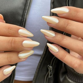 SXVME Aurora Press on Nails - Beige Chrome, Medium Almond, 24PCS Mirror Effect Gel Stiletto