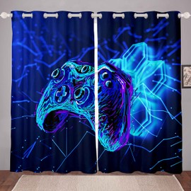 Kids Gamepad Window Treatments Blue Game Controller Curtain for Boys Girls Teens Decor Modern Gamer Window Drapes Gaming Console Geometry Window Curtain W46*L54