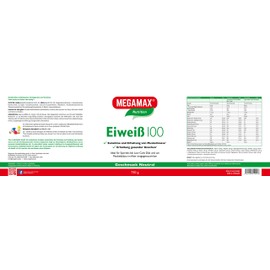 MEGAMAX Eiweiss 100. Geschmack Neutral. Inhalt: 750 g. Protein Pulver - mit Vitaminen, Magnesium und Calcium. Ideal für Sportler, Ernährungsbewusste und Diaet. Produktion in Deutschland.