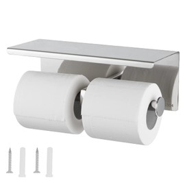 SCDGRW Brushed Nickel Toilet Paper Holder with Shelf – Heavy Duty 304 Stainless Steel Wall Mount Double Roll Holder, Fits Mega Rolls & Holds Phone – Rustproof Bathroom Organizer