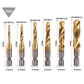 Bestgle 6 Pcs Titanium Drill Tap Combination Bit Set Countersink Taps Drill Bits 1/4 Inch Hex Shank Screw Tapping Countersink Drill Bits Metric Thread Taps Tool M3, M4, M5, M6, M8, M10