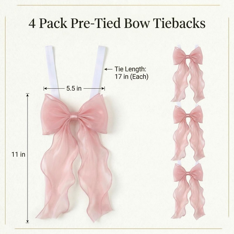 PASDUCHAS 4 Pack French Silky Bow Curtain Tiebacks, Pink Ribbon