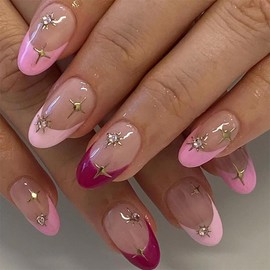 EYZOTSF Press on Nails Short Oval Shaped Acrylic Extra Short Length Oval False Nails with Designs Artificial French Fake Nails with Charms Glue Stick ons Fingernails for Women Girls(JP2409)