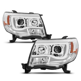 HECASA Projector Headlights Assembly Compatible with 2005-2011 Toyota Tacoma U-Type LED Tube Bar DRL Headlamps Driver & Passenger Side Clear Lens Chrome Housing