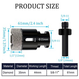 YUENTOEN Diamond Core Drill Bit, 1-3/8 Inch Tile Diamond Hole Saw for Angle Grinder Porcelain Ceramic Granite Marble Stone Brick with 5/8-11 Thread Plus 3/8 Inch Hex Shank Adapter