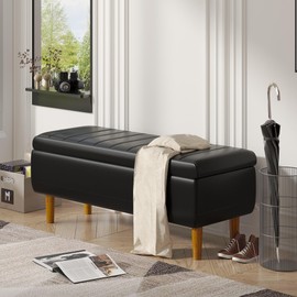 VECELO 44" Black Faux Leather Storage Ottoman Bench – Hidden Compartment & Shoe Organizer, Wooden Legs, Entryway & Bedroom Seating
