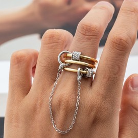 Stackable Gold Triple Rings with Chain for Women, Two Tone Double Ring with Chain Non Tarnish, Statement Chunky 18k Gold Plated Ring, Sterling Silver Tarnish Free Rings Gift for Her (Triple Ring, Size 7)