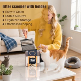 UNISOLODECHO Heavy Duty Metal Cat Litter Scoop with Holder - Broom and Dustpan Set - Quick-Sifting Mesh for Clump-Free Cleaning, Compatible with Most Litter Types