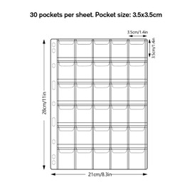 30-Pocket Coin Collection Pages, Coin Collection Supplies Standard 9-Hole Binder Compatible Coin Binder 3.5x3.5cm Pocket Size Coin and Stamp Collecting Supplies (30Pocket,3.5x3.5cm,15 Sheet)