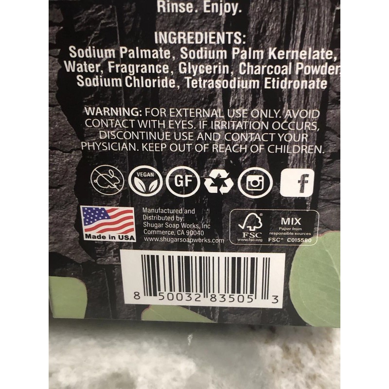 Sugar Soap Works Charcoal Eucalyptus Plant-Derived. Scented Soap:5oz-Vegan