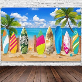 Blulu Beach Party Decorations Tropical Background Banner Summer Hawaiian Beach Decorations Surfboard Backdrop Luau Party Backdrop for Photography Birthday Tiki Themed, 72. 8 x 43. 3 Inch