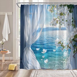 ZRUWUA Beach Coastal Shower Curtain Ocean White Floral Window Seascape Hawaii Tropical Summer Landscape Bathroom Decor Curtain with Hooks,Blue White