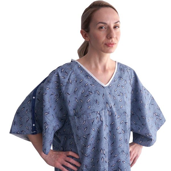 3 Pack - Hospital Patient Gown, IV, Tieside w/Telemetry Pocket, Size Medium - XL, Blue Leaf Print