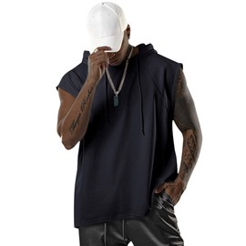 Aixdir Men's Workout Hooded Tank Tops Bodybuilding Muscle Cut Off T Shirt Sleeveless Gym Hoodies, Black, XX-Large