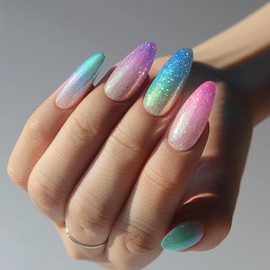 Multicolor Gradient Fake Nails Long Almond Press on Nails with Glue on Nails Glossy Artificial False Nails Acrylic Ombre Stick on Nails for Women Girls