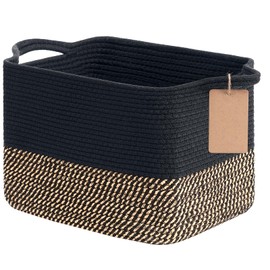 Woven Storage Basket, Cotton Rope Basket for Shelves Closet Organizer, Square Shelf Basket for Toys, Books, Shoes, Decorative Empty Gift Basket for Home Bathroom Decor, 33x25x22.5cm, Black Jute