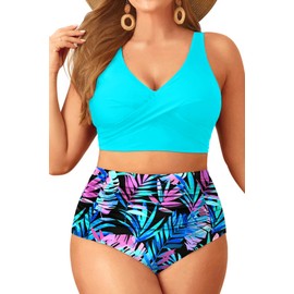 Aqua Eve Women Plus Size Two Piece Swimsuit High Waisted Bikini Set Tummy Control Bathing Suit Green and Leaves 14W