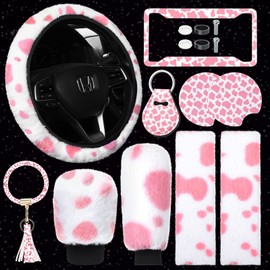 10 Pieces Cow Print Car Accessories Set Cow Fluffy Plush Steering Wheel Cover Shift Cover Handbrake Cover Pad Cup Seat Belt Pad Bracelet Key Chain License Ornament for Women Car Interior(Pink)