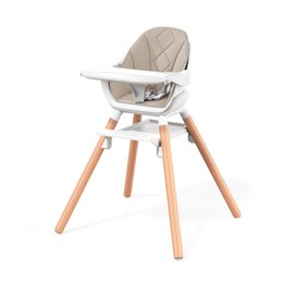 DDIOYIUR Baby High Chair, Highchair for Baby & Toddler, Easy Clean Infant Highchair, 6 in 1 Feeding High Chair with Removable Double Tray and Waterproof PU Cushion, Wooden Legs, Champagne