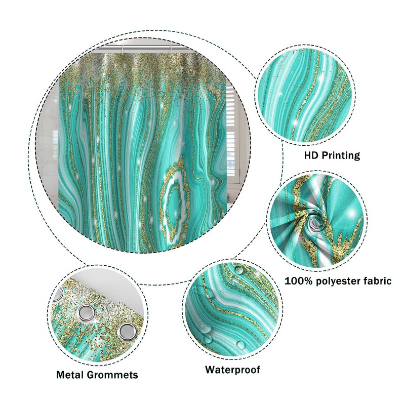 Umpoo Turquoise Marble Shower Curtain 72x78 Inch Abstract Gold Quicksand
